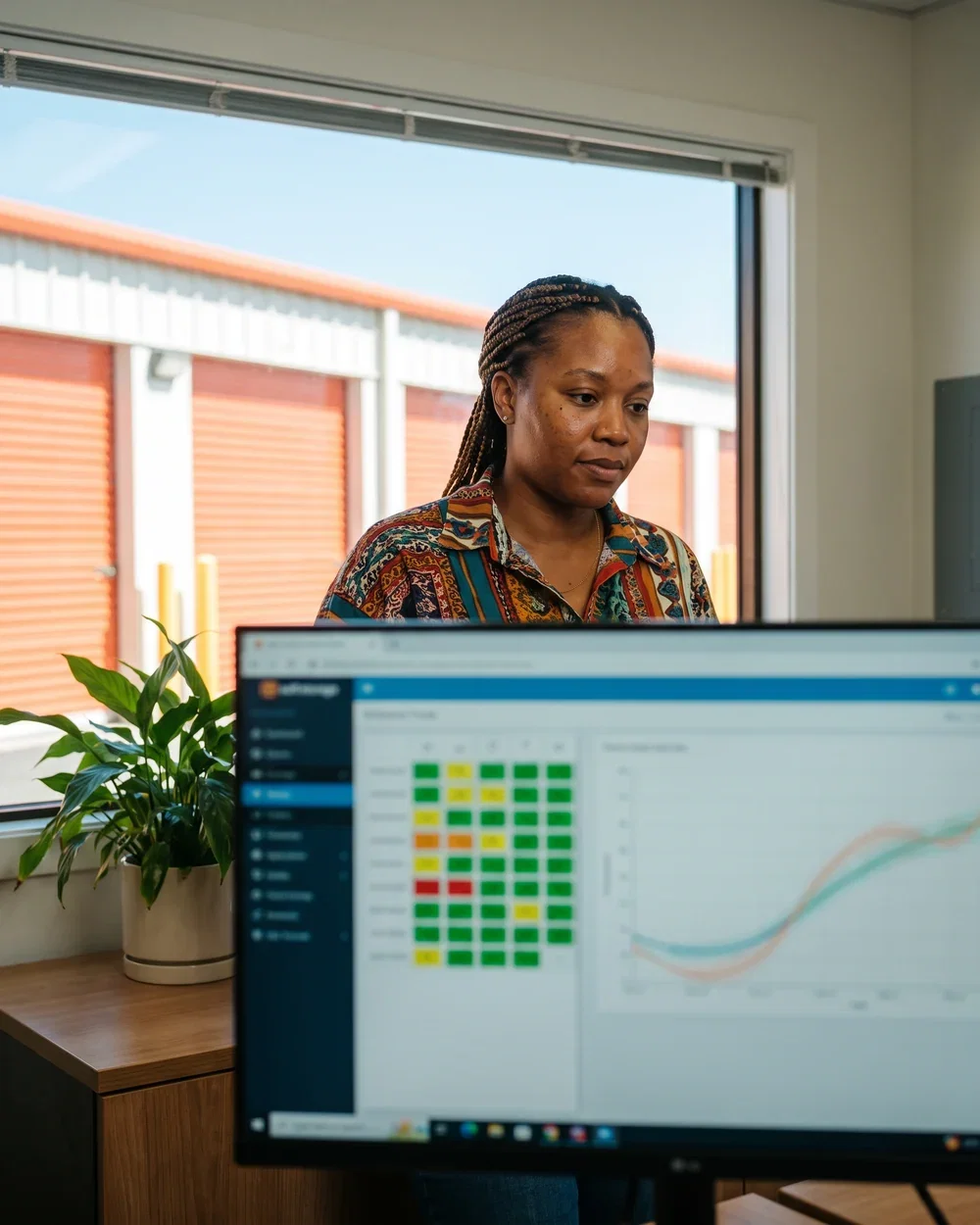 A manager reviewing site occupancy and performance on a large screen with the facility visible behind
