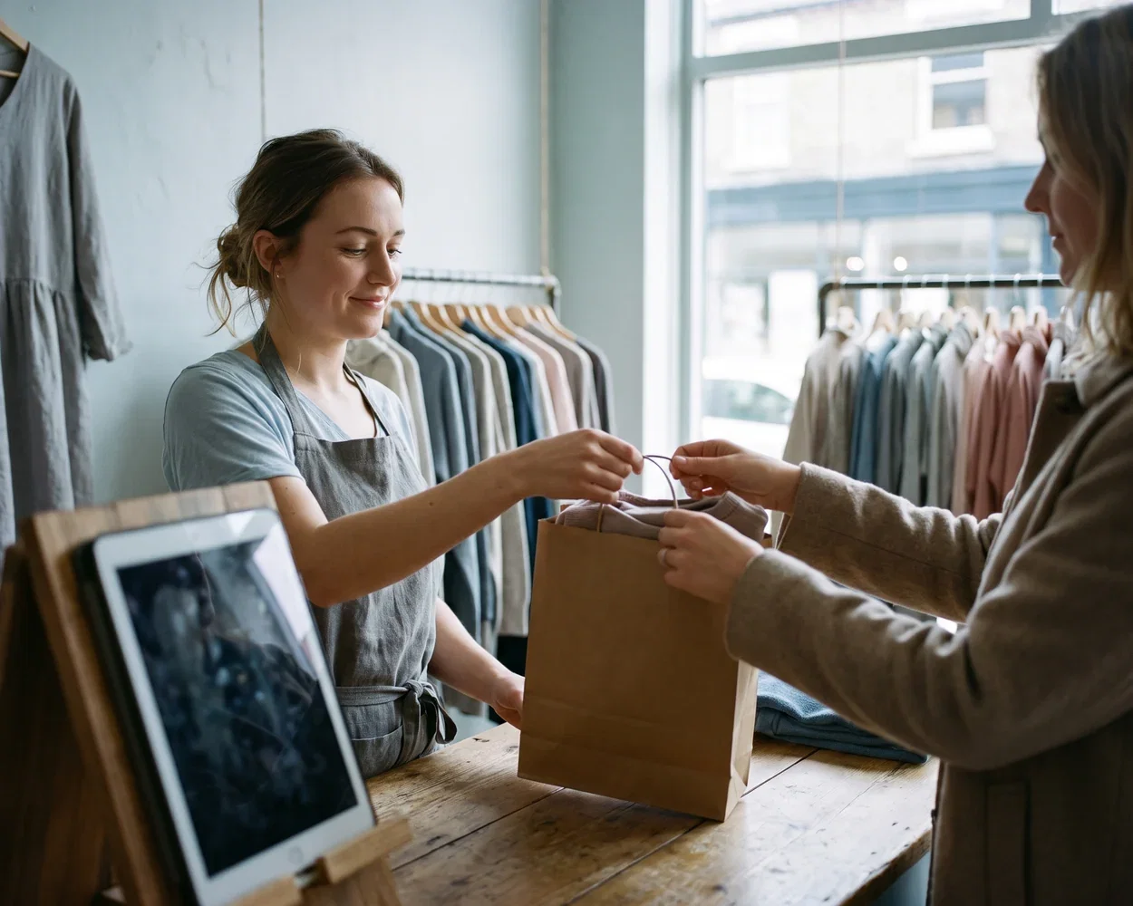 A shop assistant handing a packed online order across the counter to a customer collecting in store, with a tablet showing the reservation beside her
